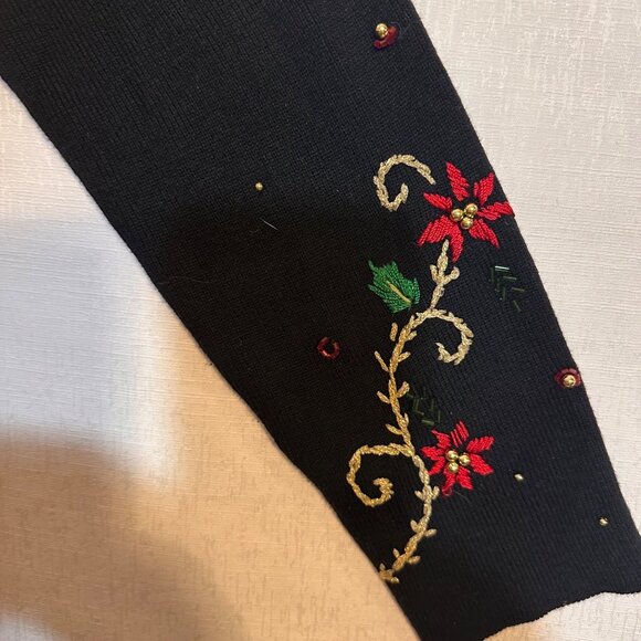 Vintage Kikit Black Christmas Sweater Red Poinsettia Embroidery Beaded Accents H - Picture 8 of 8